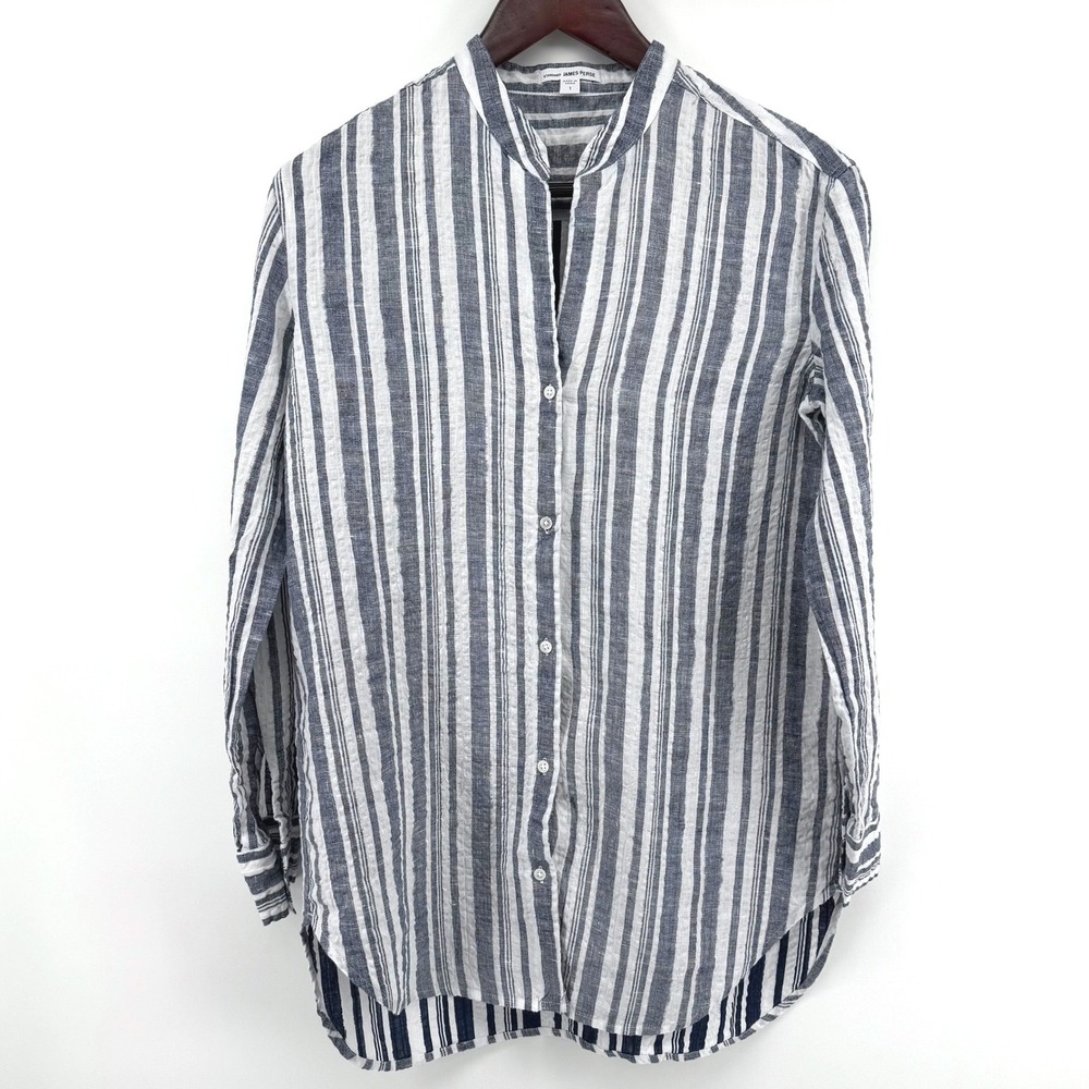 James Perse Button Down Women 1 Small Blue White Striped Linen Quiet Luxury